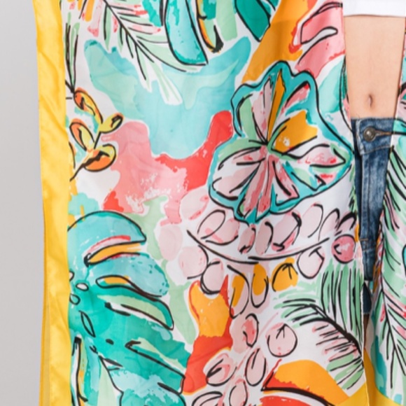 "The Eden" Hand Drawn Watercolor Tropical Leaves Kimono - Picture 3 of 4